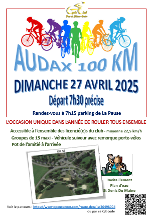 Affiche AUDAX 100 km réservé aux licenciés du club